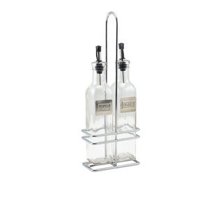 Square Glass Oil Vinegar Bottle 4.7x4.7x25cm 26cl with Stand 11.5x6x32.5cm Kitchen Accessory for Dining and Serving pack of 1