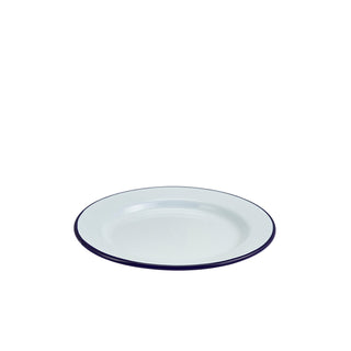 White Enamel Wide Rim Plate with Blue Edge for Catering, Dining & Food Presentation 20cm 24cm 26cm Round Plates - Set of 12