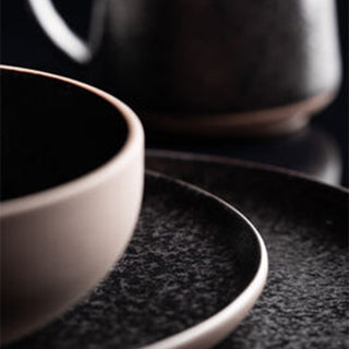 Black Ceramic Plates, Bowls, Pasta Bowls, Mugs - Obsidian Tableware Collection, Reactive Glaze Finish (Set of 6)