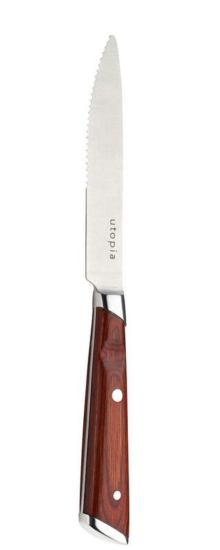 Steak Knife, Porterhouse Wooden Handle Serrated Blade, Polished Stainless Steel Knives - Set of 12