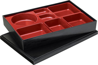 Luxe Bento Box 5 & 7 Compartment – Red & Black, Plastic, Dishwasher Safe, Multiple Sizes - Pack of 6