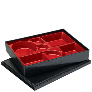 Luxe Bento Box 5 & 7 Compartment – Red & Black, Plastic, Dishwasher Safe, Multiple Sizes - Pack of 6