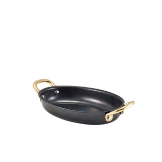 Black Vintage Steel Oval Dish with Brass Handles, PVD-Coated Stainless Steel Serveware 12oz/ 17.6oz – Pack of 6