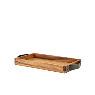 Acacia Wood Serving Tray with Black Metal Handles 32.5 × 17.5 × 3.5cm – GN 1/3 Size
