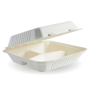 Pack Of 200 9x9x3" 3-Compartment White BioCane Clamshells