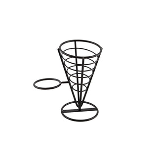 Black Steel Serving Cone Stand with 1 Ramekin Dip Well for Snacks, Ice Creams Cones, Food Presentation