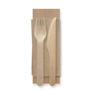 Pack Of 250 16cm Coated Wooden Knife, Fork & Napkin Packs | FSC™ Certified