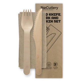 Pack Of 400 16cm Coated FSC™ Birchwood Wood Knife, Fork & Napkin Set