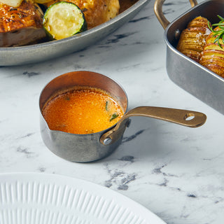 Vintage Stainless Steel Mini Sauce Pan with Brass Handle & Drip-Free Spout (14oz, 20oz) – Set of 6