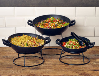 Black Melamine Wok Buffet Bowls – Cast Iron Effect Display Bowls for Buffets & Food Service (30cm & 35cm)