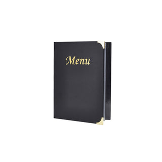 A5 Black Menu Holder with Gold Corners 8 Page Display